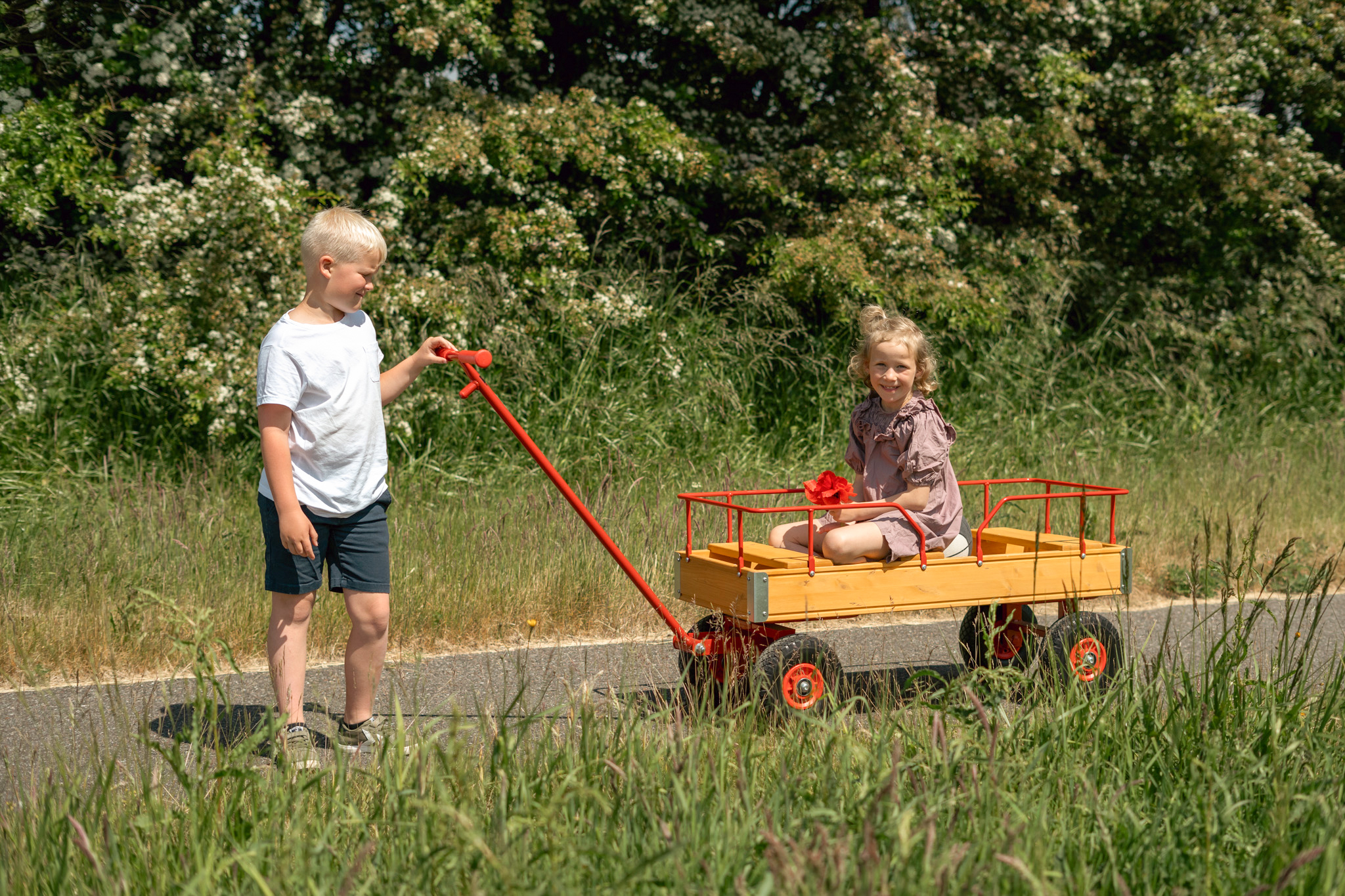 Junge zieht Mädchen mit ROSE Wagen