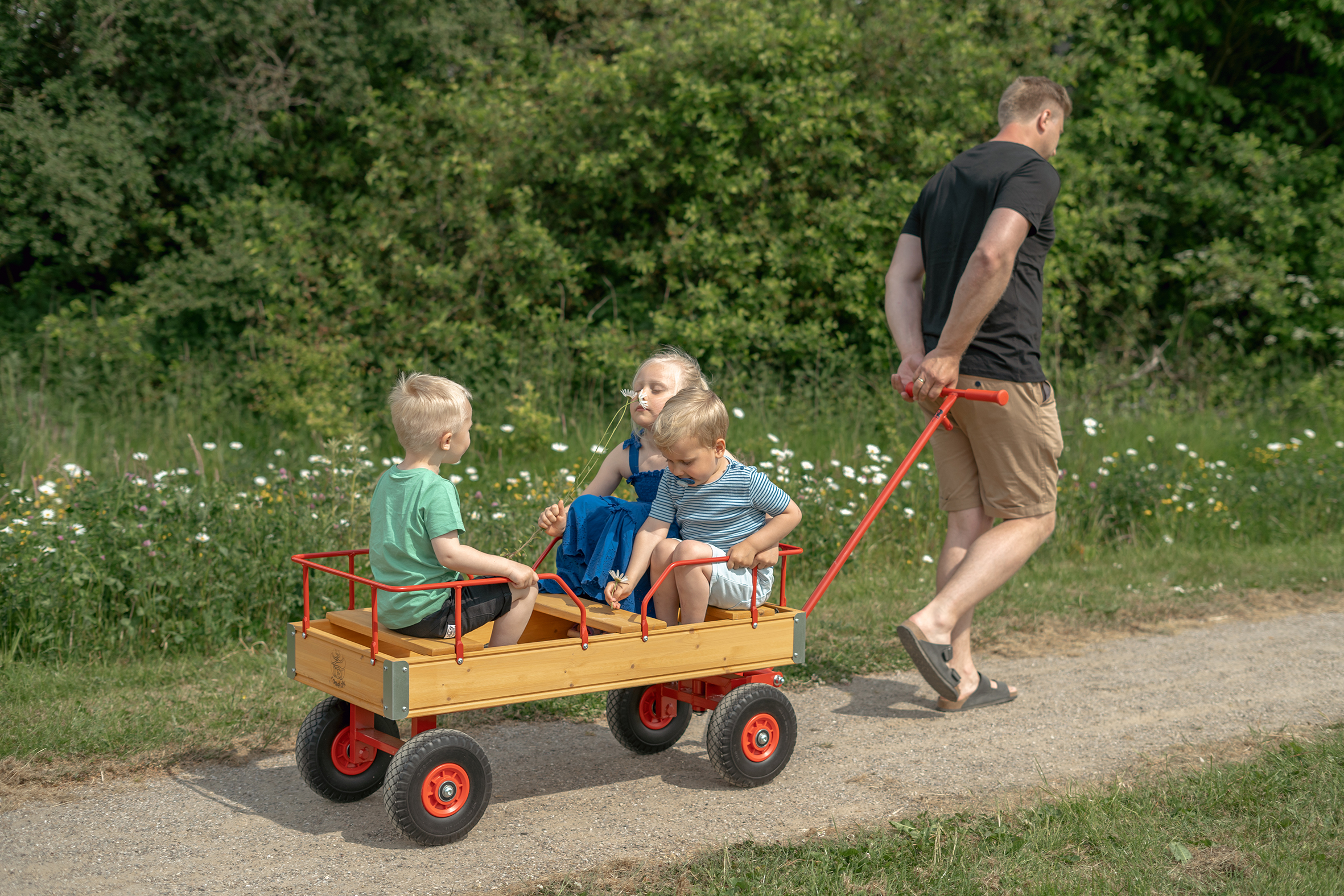 Mann zieht drei Kinder mit ROSE Wagen Mann zieht drei Kinder mit ROSE Wagen